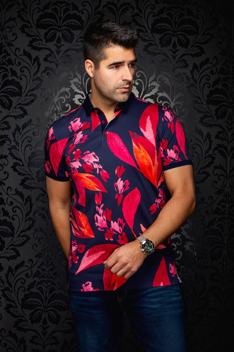 GLEN | Polo Imprimé pour homme Rouge & Marin | Au Noir